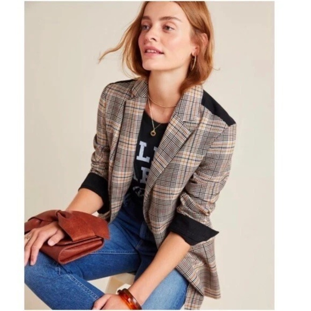 ELLA MOSS Womens Sz XS Menswear Long Preppy Plaid/Denim Blazer Jacket Grunge